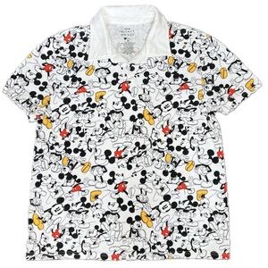 Disney Polo Shirt Mickey Mouse Allover Print Cotton Blend White Red Yellow XL